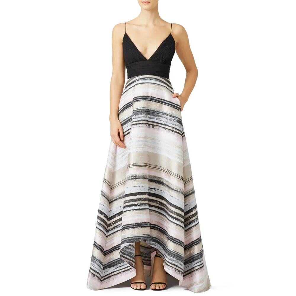 Badgley Mischka Neutral Black Striped Hi-Low Jacquard Dress Gown 6, Ret $1,100